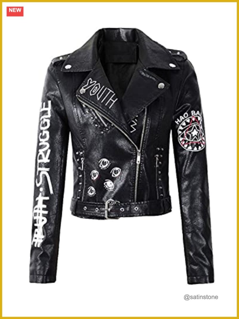 Women's Faux Leather Punk Jacket Motorcycle Biker Jacket with Belt